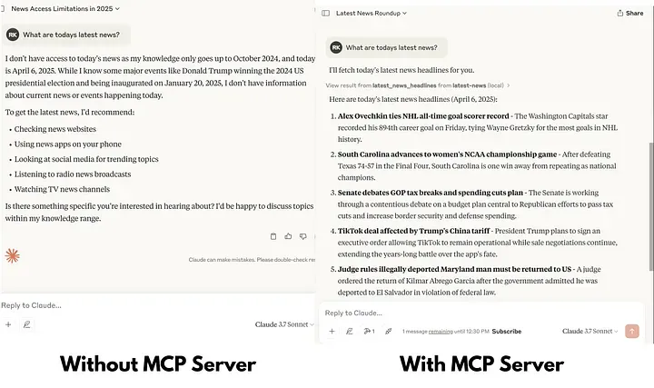 Difference between get news query without mcp and with mcp server